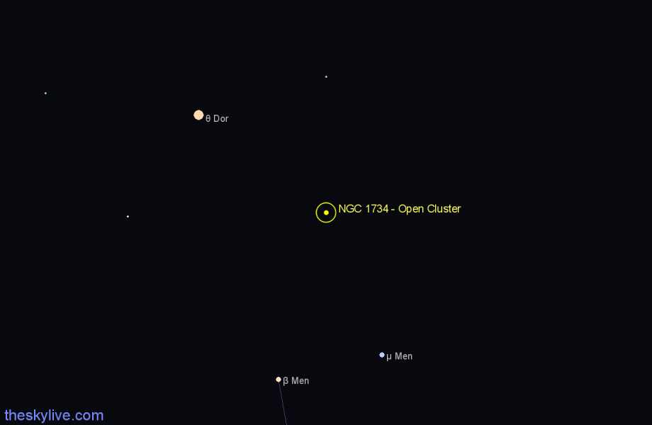 Finder chart NGC 1734 - Open Cluster in Dorado star