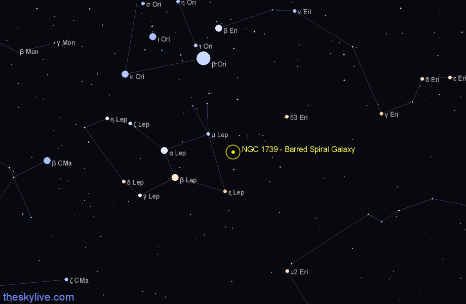 Finder chart NGC 1739 - Barred Spiral Galaxy in Lepus star