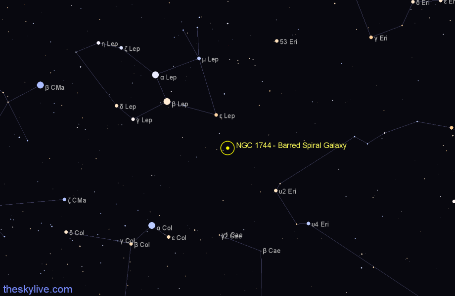 Finder chart NGC 1744 - Barred Spiral Galaxy in Lepus star