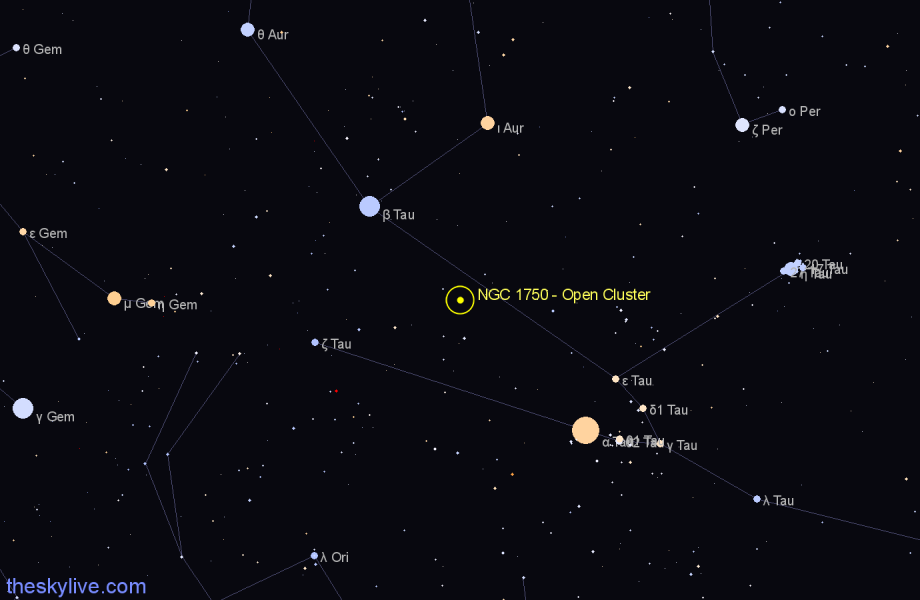 Finder chart NGC 1750 - Open Cluster in Taurus star