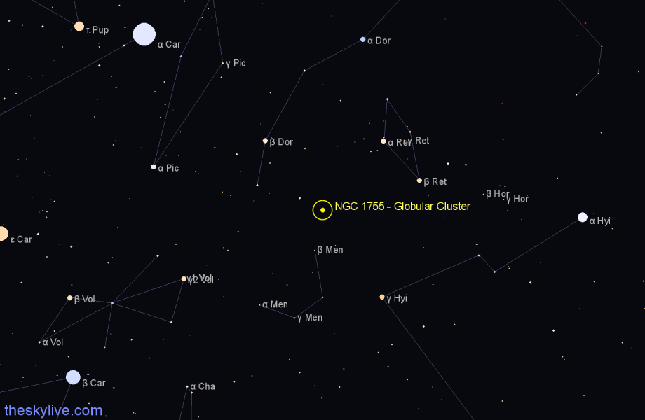 Finder chart NGC 1755 - Globular Cluster in Dorado star