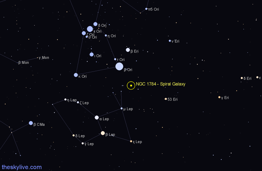 Finder chart NGC 1784 - Spiral Galaxy in Lepus star