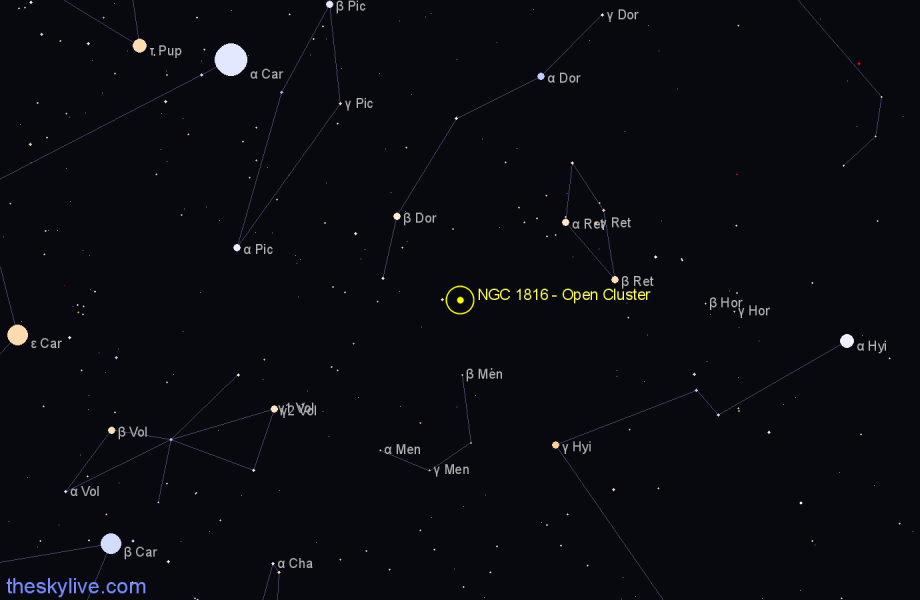Finder chart NGC 1816 - Open Cluster in Dorado star