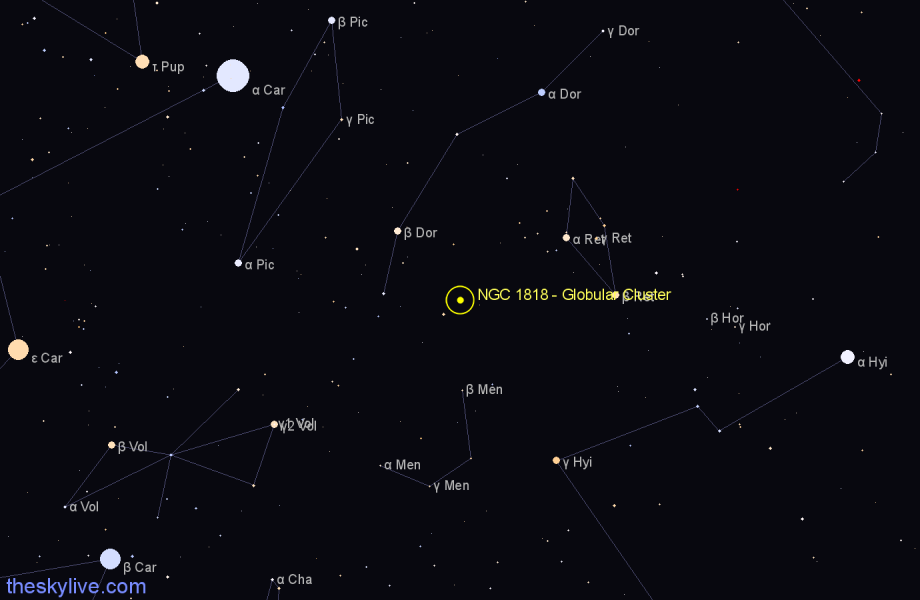 Finder chart NGC 1818 - Globular Cluster in Dorado star