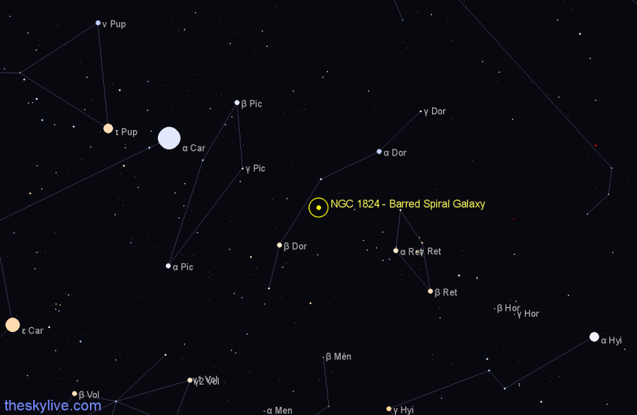 Finder chart NGC 1824 - Barred Spiral Galaxy in Dorado star