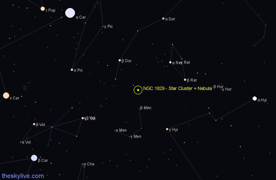 Finder chart NGC 1829 - Star Cluster + Nebula in Dorado star