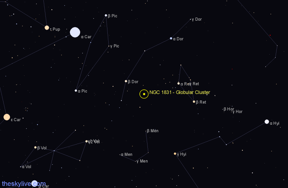 Finder chart NGC 1831 - Globular Cluster in Dorado star