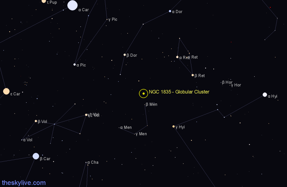 Finder chart NGC 1835 - Globular Cluster in Dorado star