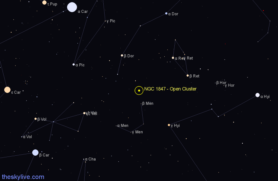 Finder chart NGC 1847 - Open Cluster in Dorado star