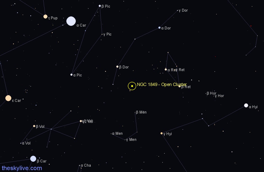 Finder chart NGC 1849 - Open Cluster in Dorado star
