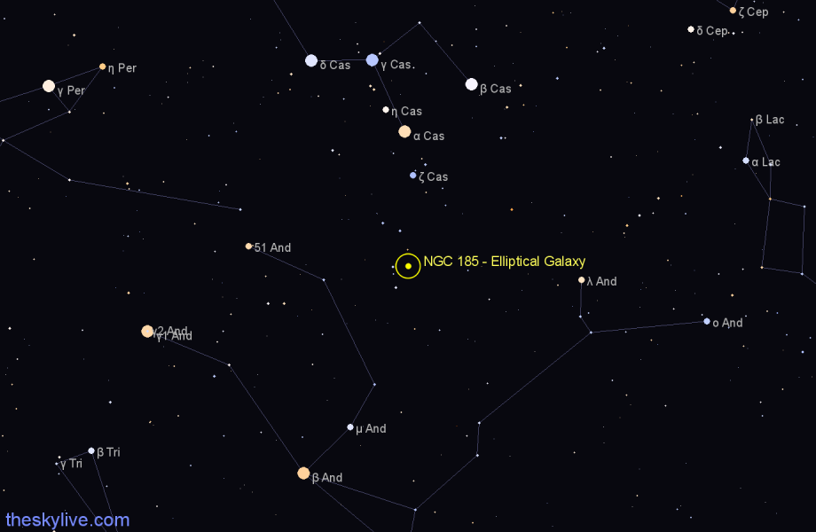 Finder chart NGC 185 - Elliptical Galaxy in Cassiopeia star