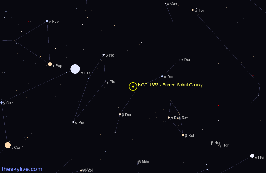 Finder chart NGC 1853 - Barred Spiral Galaxy in Dorado star