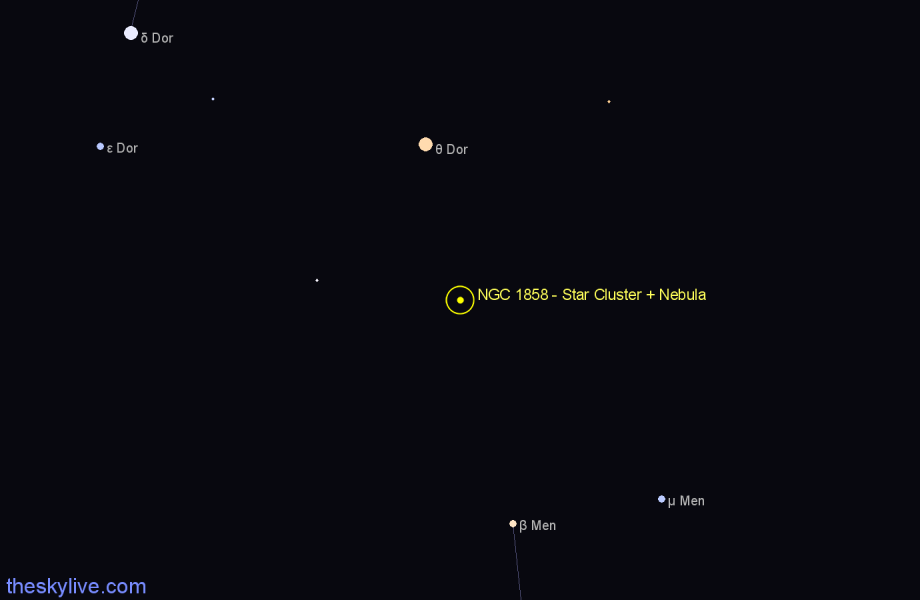 Finder chart NGC 1858 - Star Cluster + Nebula in Dorado star