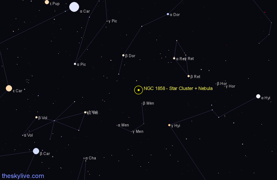 Finder chart NGC 1858 - Star Cluster + Nebula in Dorado star