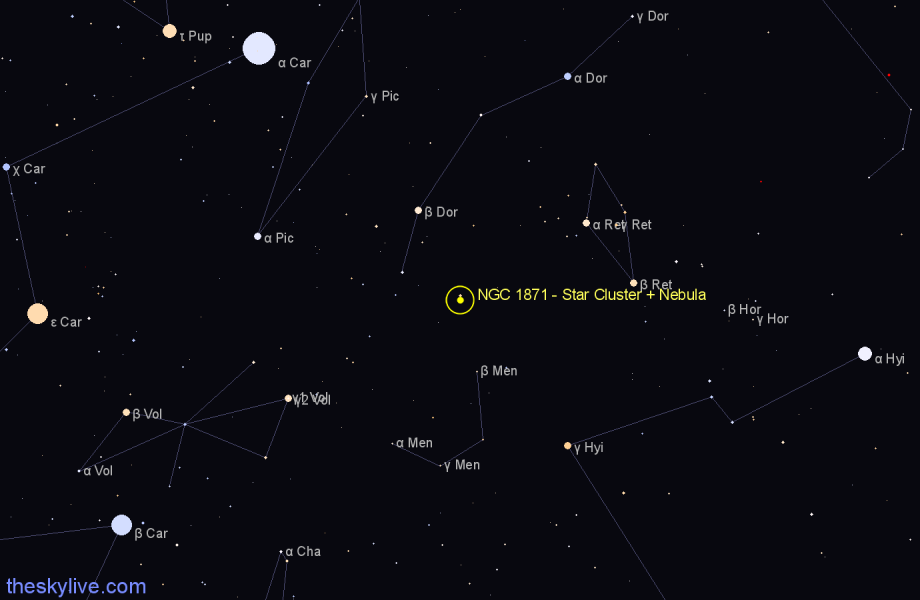Finder chart NGC 1871 - Star Cluster + Nebula in Dorado star