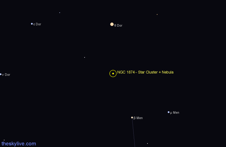 Finder chart NGC 1874 - Star Cluster + Nebula in Dorado star