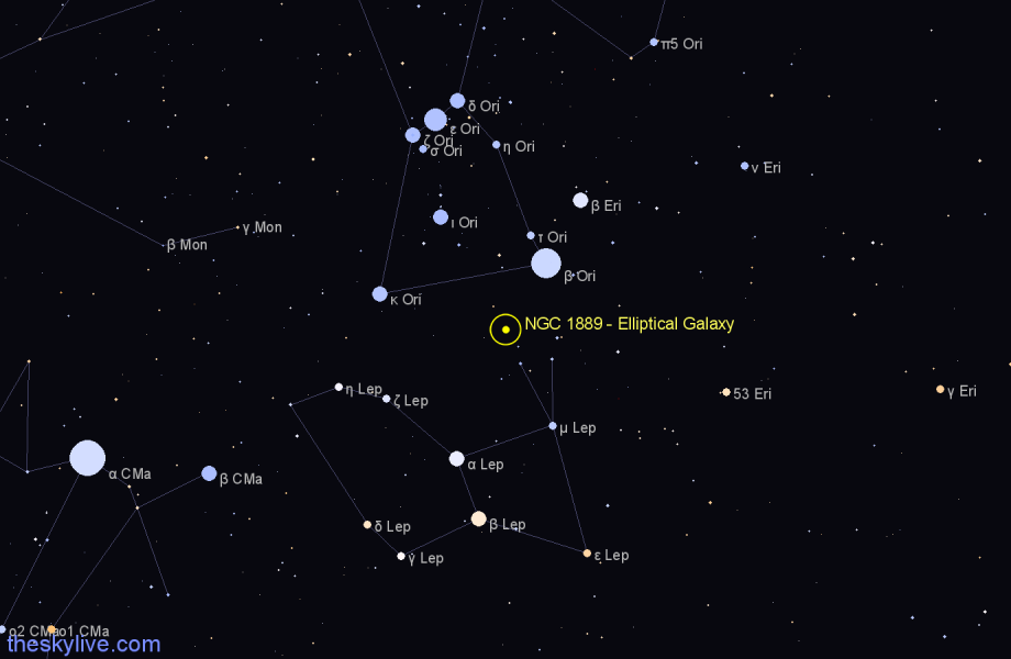 Finder chart NGC 1889 - Elliptical Galaxy in Lepus star