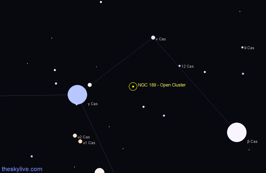 Finder chart NGC 189 - Open Cluster in Cassiopeia star