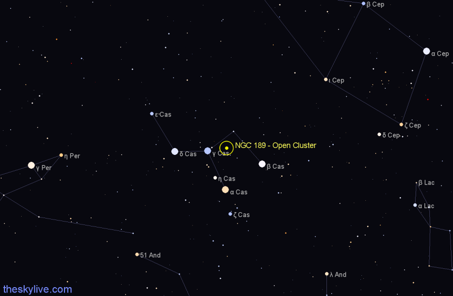 Finder chart NGC 189 - Open Cluster in Cassiopeia star