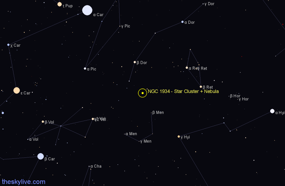Finder chart NGC 1934 - Star Cluster + Nebula in Dorado star