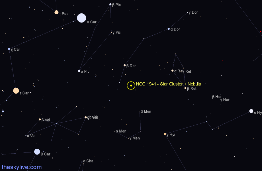 Finder chart NGC 1941 - Star Cluster + Nebula in Dorado star