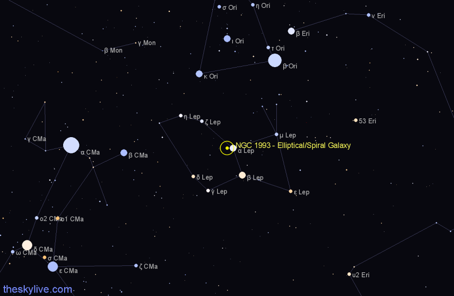 Finder chart NGC 1993 - Elliptical/Spiral Galaxy in Lepus star