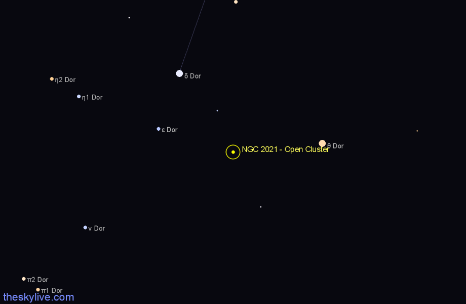 Finder chart NGC 2021 - Open Cluster in Dorado star