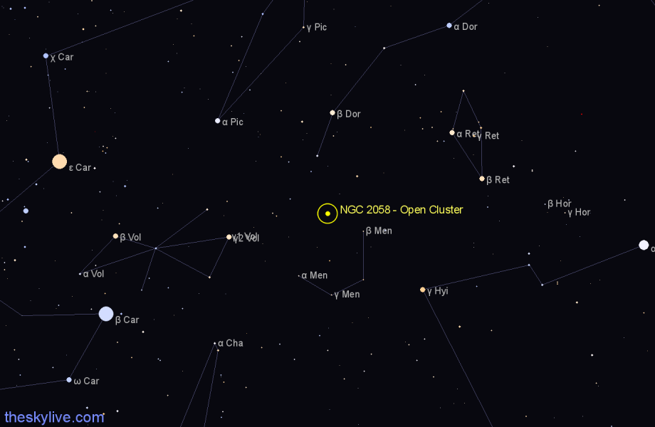 Finder chart NGC 2058 - Open Cluster in Mensa star
