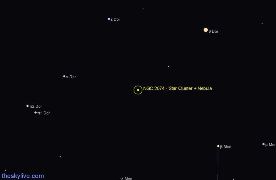 Finder chart NGC 2074 - Star Cluster + Nebula in Dorado star