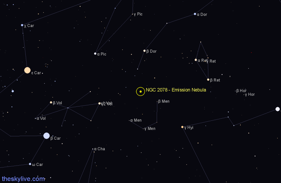 Finder chart NGC 2078 - Emission Nebula in Dorado star