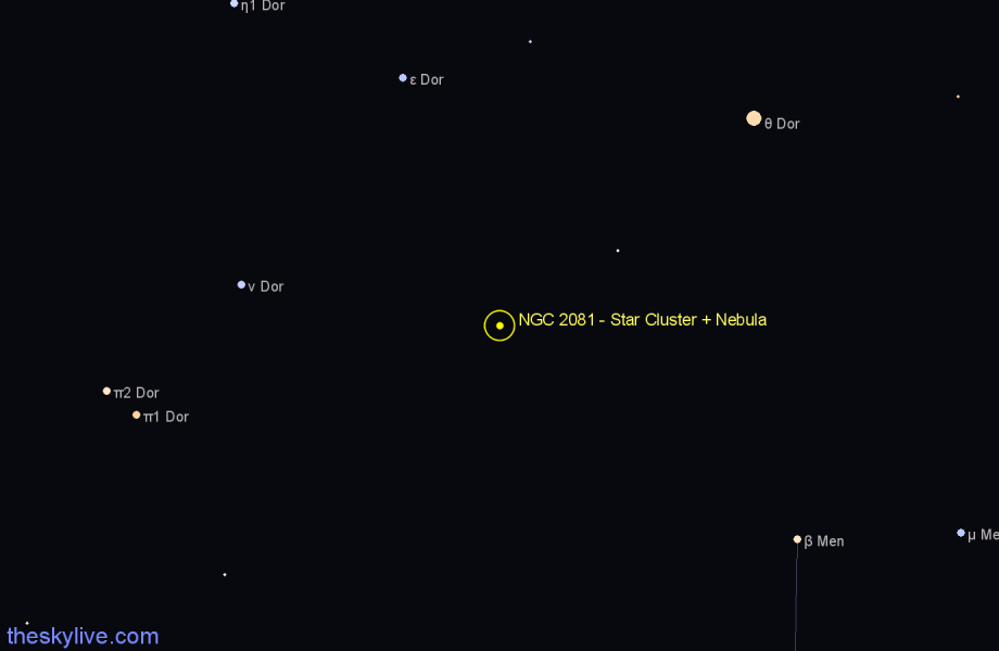 Finder chart NGC 2081 - Star Cluster + Nebula in Dorado star
