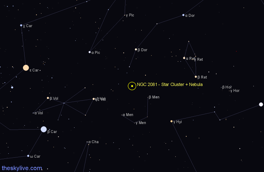 Finder chart NGC 2081 - Star Cluster + Nebula in Dorado star