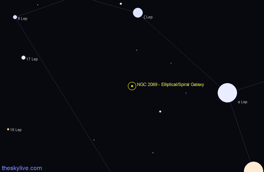 Finder chart NGC 2089 - Elliptical/Spiral Galaxy in Lepus star