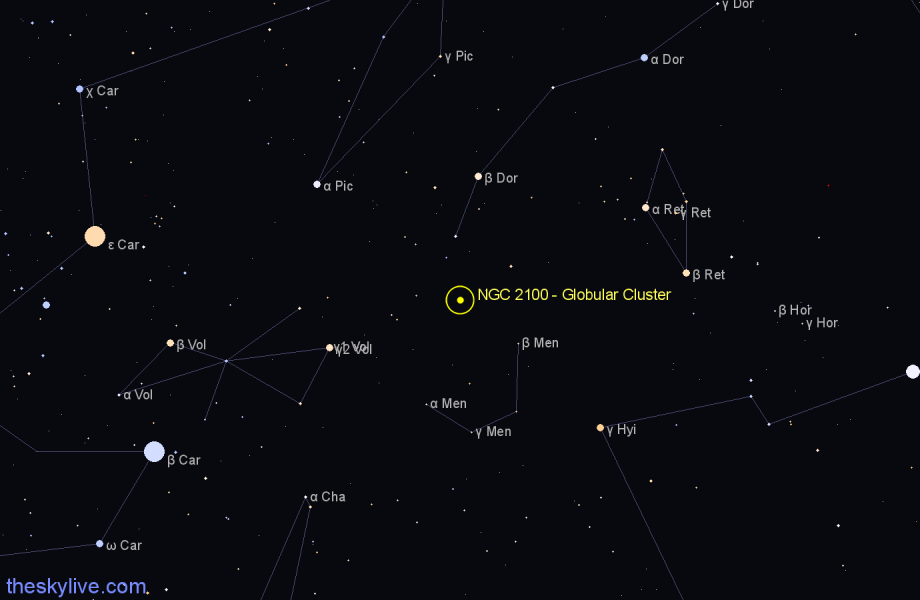 Finder chart NGC 2100 - Globular Cluster in Dorado star