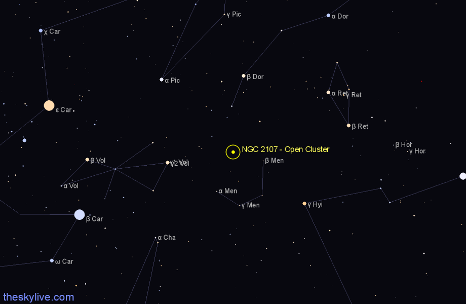 Finder chart NGC 2107 - Open Cluster in Mensa star