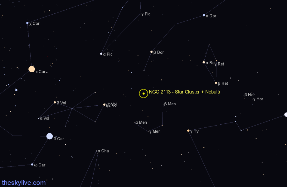 Finder chart NGC 2113 - Star Cluster + Nebula in Dorado star