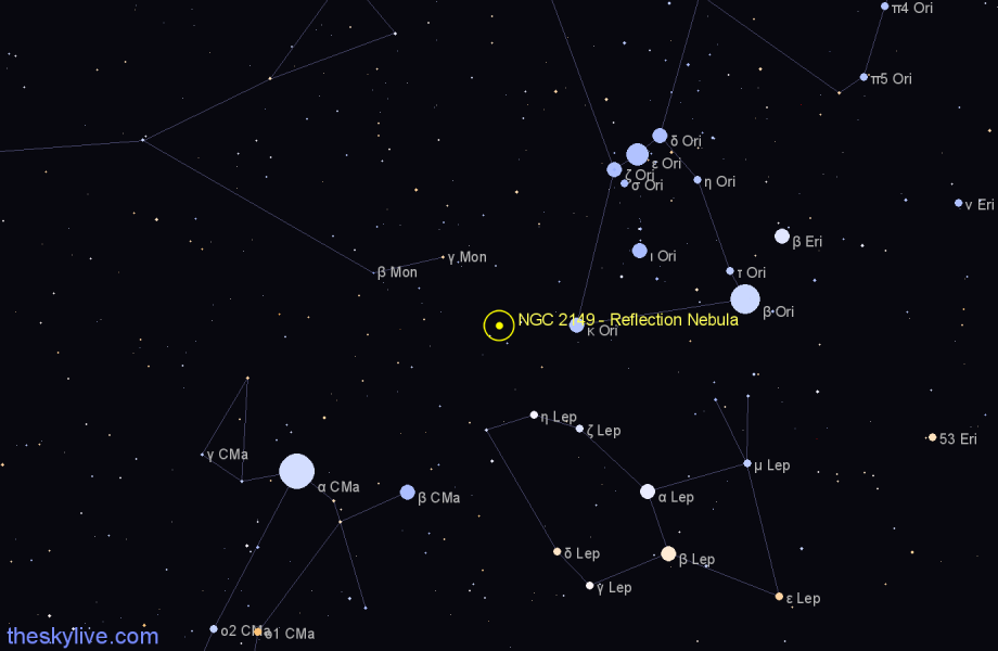 Finder chart NGC 2149 - Reflection Nebula in Monoceros star