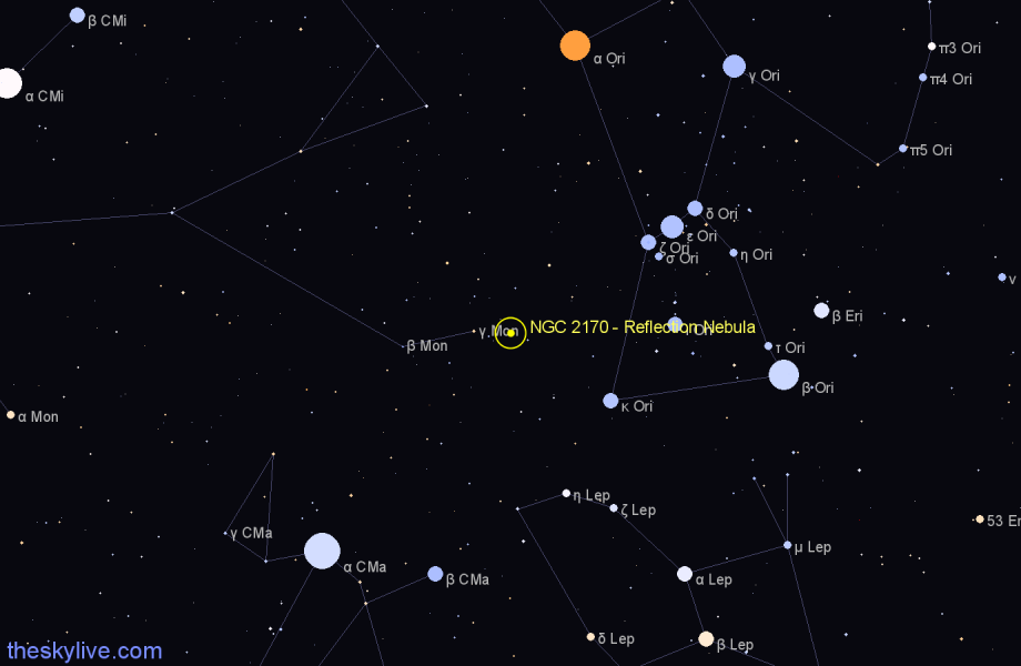 Finder chart NGC 2170 - Reflection Nebula in Monoceros star