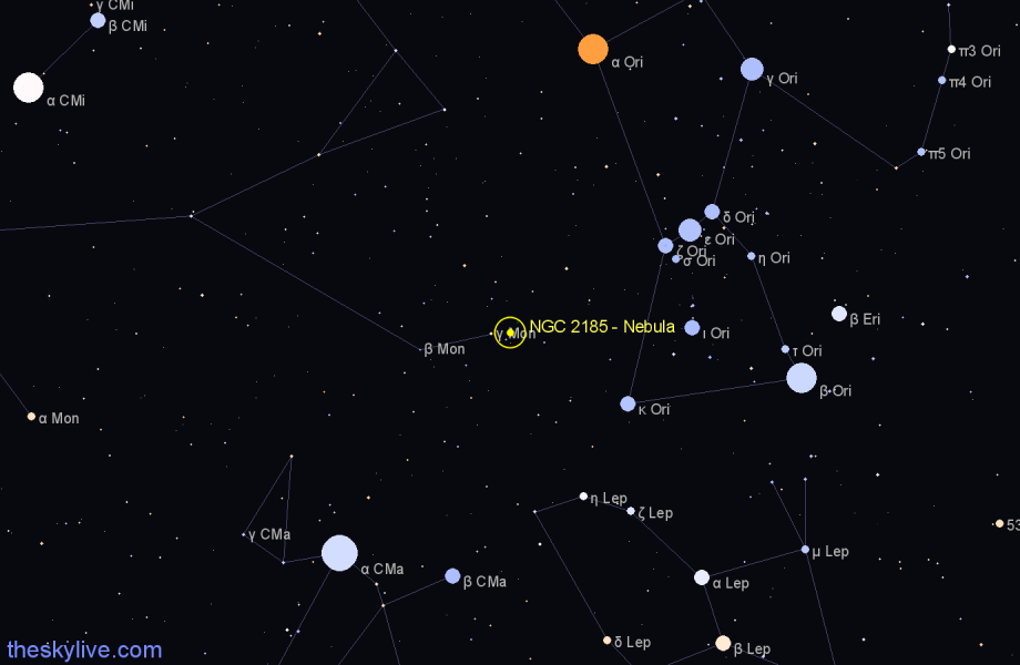 Finder chart NGC 2185 - Nebula in Monoceros star