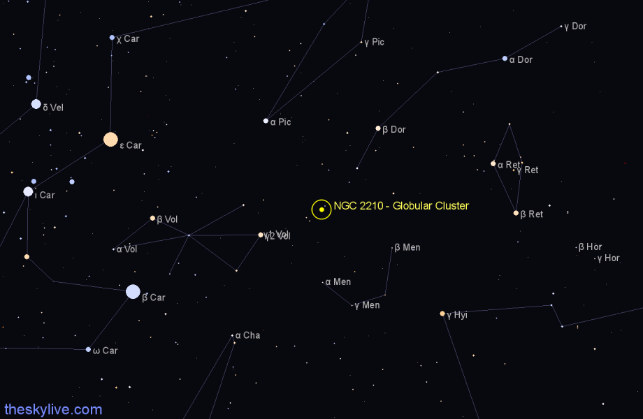 Finder chart NGC 2210 - Globular Cluster in Dorado star