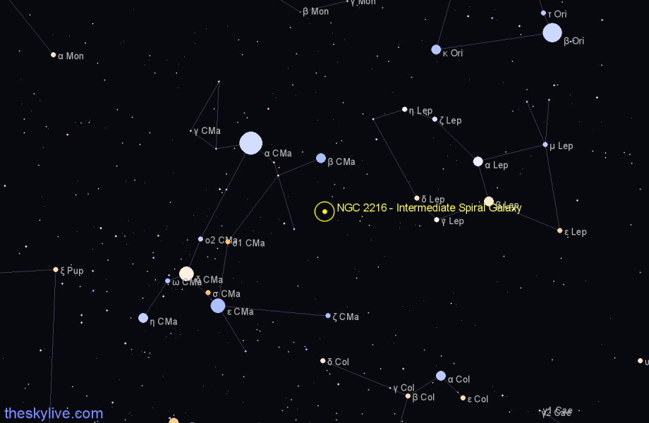 Finder chart NGC 2216 - Intermediate Spiral Galaxy in Canis Major star
