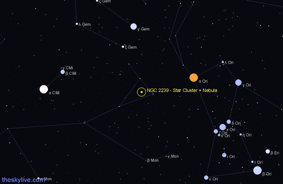 Finder chart NGC 2239 - Star Cluster + Nebula in Monoceros star