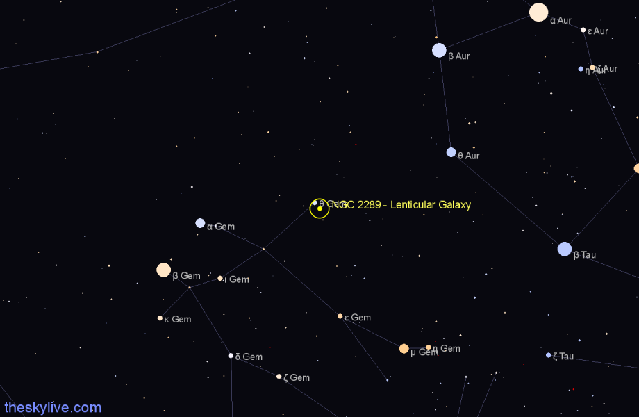 Finder chart NGC 2289 - Lenticular Galaxy in Gemini star