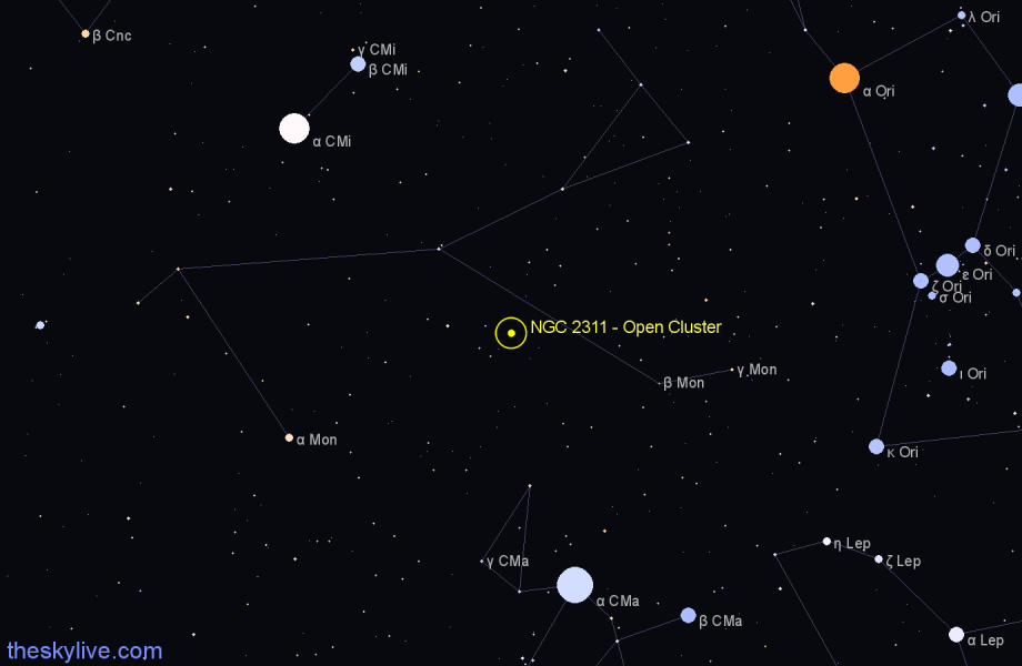 Finder chart NGC 2311 - Open Cluster in Monoceros star