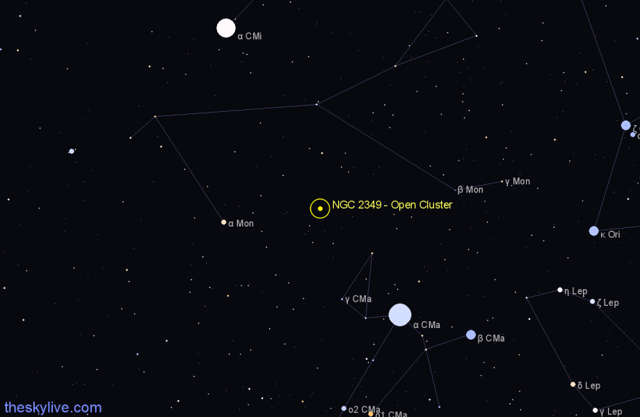 Finder chart NGC 2349 - Open Cluster in Monoceros star