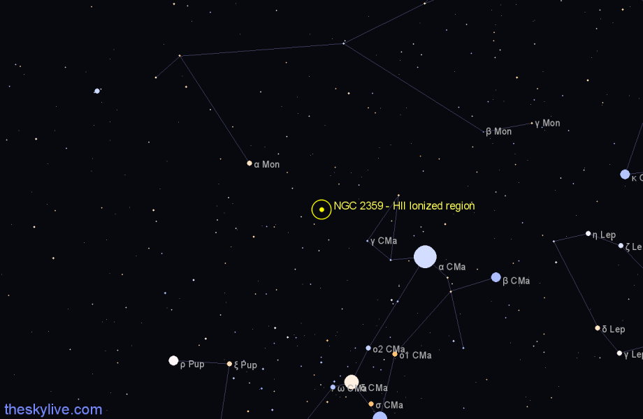 Finder chart NGC 2359 - HII Ionized region in Canis Major star