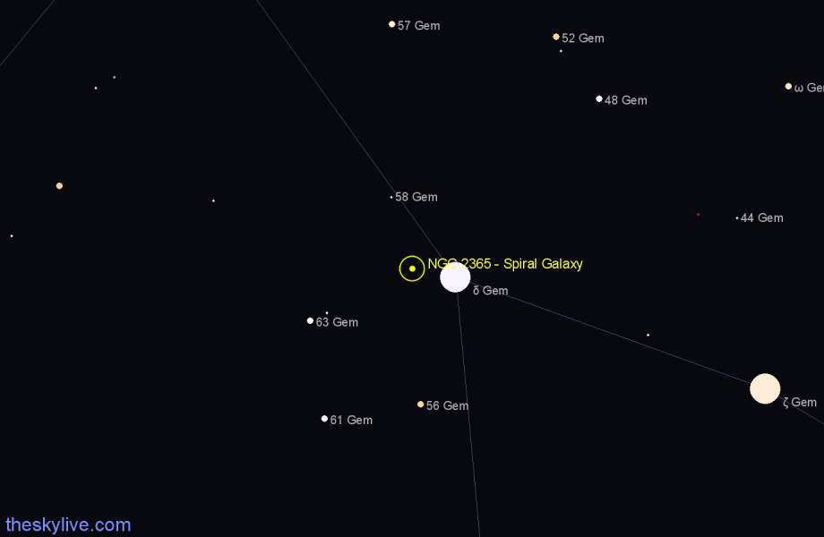 Finder chart NGC 2365 - Spiral Galaxy in Gemini star