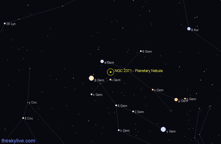 Finder chart NGC 2371 - Planetary Nebula in Gemini star