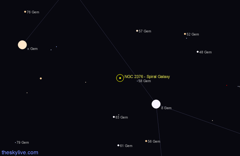 Finder chart NGC 2376 - Spiral Galaxy in Gemini star