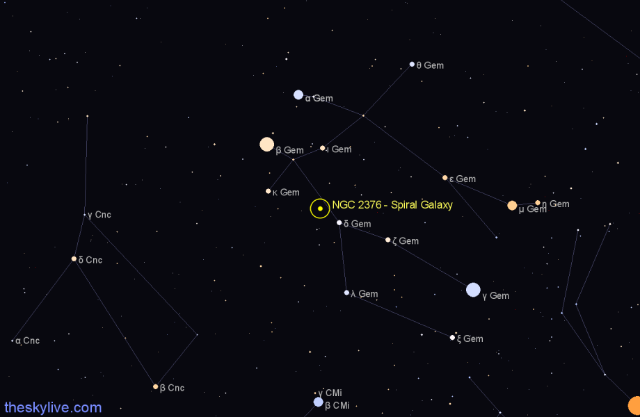 Finder chart NGC 2376 - Spiral Galaxy in Gemini star